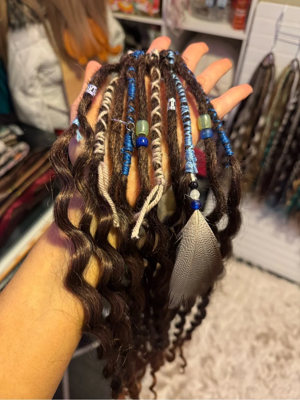 Boho Curly Brown Hair Extensions with Blue Bead Accents